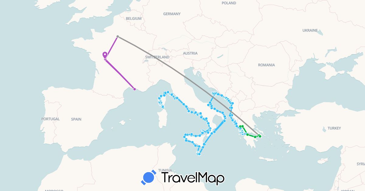 TravelMap itinerary: bus, plane, train, boat in Albania, France, Greece, Croatia, Italy, Montenegro, Malta (Europe)